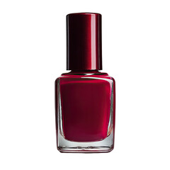 A bottle of deep crimson nail polish with a glossy, square-shaped glass base and a matching metallic cap sits against a black background