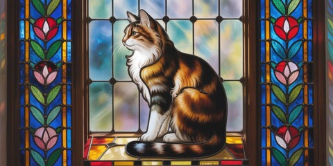 Vibrant Stained Glass Window Featuring Realistic Calico Cat Sitting in Sunlight - Artistic Decorative Pet Art for Home Decor