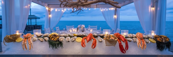 Elegant Seaside Dinner Party Table Decorated With String Lights, Flowers, and Seafood Under Canopy at Sunset - Luxury Oceanfront Event