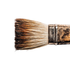 Close-up of a well-used paintbrush, showing its worn, natural-fiber bristles and a dark, metallic ferrule on a wooden handle