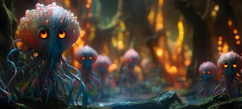 Tiny figures from life banyan monster,generative AI