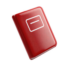A red, glossy, rectangular book icon, slightly angled, features a simple white horizontal line symbol on its cover, suggesting a diary or notebook