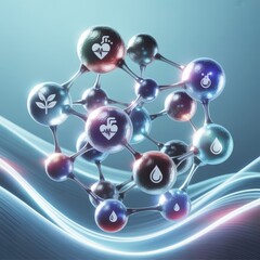 Futuristic Molecular Structure with Health and Nature Icons, Blue Abstract Background, Biotechnology and Science Concept Illustration