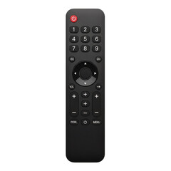 Black remote control with buttons and navigation pad, isolated on transparent background