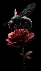 A large black insect perched atop a deep red rose, isolated on a stark black background