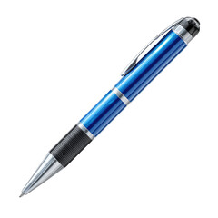 Sleek blue metallic pen with silver accents and a black tip, angled against a black background