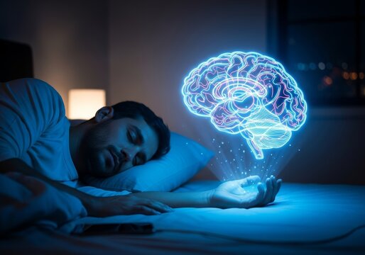 Man sleeps while glowing brain hologram illustrates neural activity during sleep. Conceptual image represents dreams, neuroscience, and importance of rest for mental health and brain function