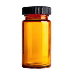 Amber glass bottle with a black screw-on cap, cylindrical shape, and smooth surface