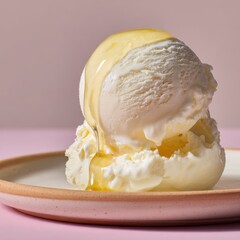 Creamy Vanilla Ice Cream Scoop Drizzled with Golden Honey on Pink Plate.