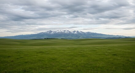 Scenic Mountain Landscape with Green Fields and Cloudy Sky