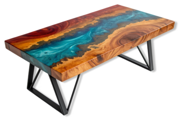 Unique live edge river table with vibrant blue epoxy resin isolated on transparent background