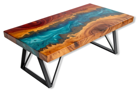 Unique live edge river table with vibrant blue epoxy resin isolated on transparent background
