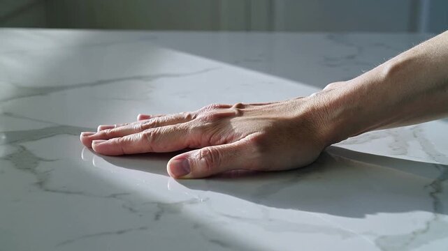 Hand resting on marble countertop in natural light
