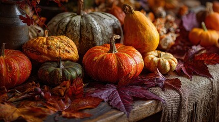 Warmly Lit Autumnal Harvest Display of Colorful Pumpkins, Gourds, and Fallen Leaves.