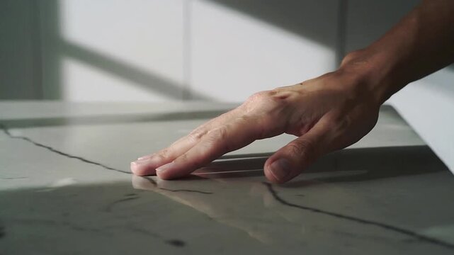 Hand on polished marble surface