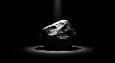 Single Rock Illuminated by Spotlight on Dark Background for Artistic or Conceptual Use