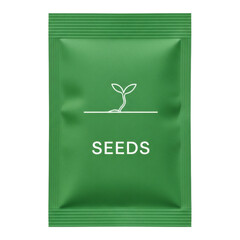 A green seed packet with a simple line drawing of a sprouting seedling and the word seeds isolated on transparent background