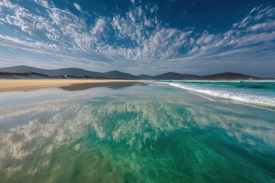 Tranquil Beach Scene With Crystal Clear Water And Cloudy Sky - Powered by Adobe