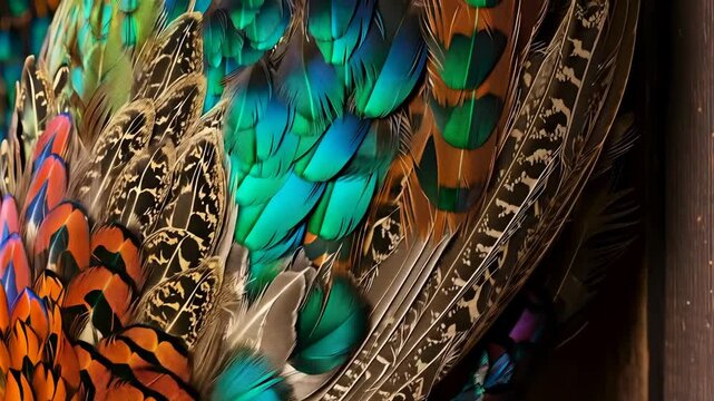 Closeup of vibrant pheasant birds with colorful feathers hanging in a row on a rustic wooden wall, wildlife hunting footage.