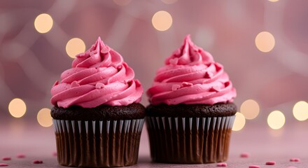 Two Chocolate Cupcakes with Pink Swirl Frosting on Soft Pink Background