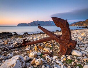 Rusty anchor on a pebble beach at dawn