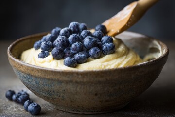 Appetizing Creamy Dessert with Fresh Blueberries in Rustic Bowl, Wooden Spoon, Healthy Snack.