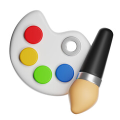 3D Render of a Paint Palette with Red Yellow Green Blue Colors and Paint Brush with Transparent Background