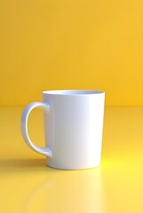 White Ceramic Mug Mockup on Yellow Background for Coffee Branding, Minimal Blank Cup for Logo Design