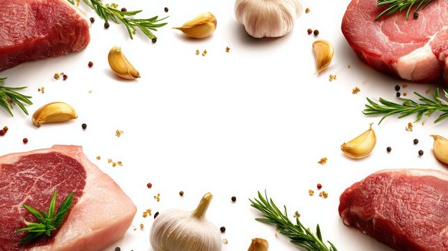 Charming organic meat frame showcasing a variety of premium meats with rosemary and garlic accents, great for a cozy and artisanal decor on a white background