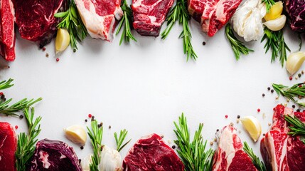 Charming organic meat frame showcasing a variety of premium meats with rosemary and garlic accents, great for a cozy and artisanal decor on a white background