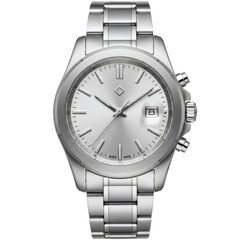 Modern silver stainless steel wristwatch with a clean dial and metal bracelet, isolated on transparent background