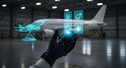 Aircraft maintenance technician using holographic interface for airplane diagnostics and repair in hangar.