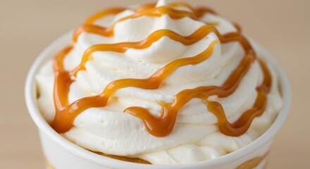 Whipped Cream Dessert with Caramel Drizzle in White Cup