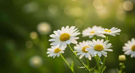 White Daisy Flowers Blooming in Bright Green Field in Natural Sunlight
