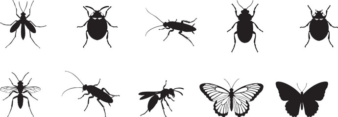 Black Silhouette Icons of Common Household and Flying Insects