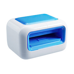 Compact, white and light-blue rectangular device with a slot and a translucent top