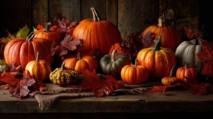 Rustic Autumn Still Life - Abundant Pumpkins and Fall Foliage on Wooden Table.