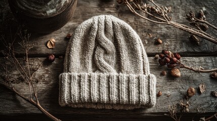 Cozy Knitted Beanie with Intricate Cable Knit Pattern on Rustic Wooden Surface.