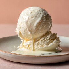 Creamy Vanilla Ice Cream Scoop Melting on Ceramic Plate, Soft Pink Background.