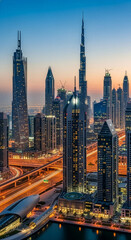 Naklejka premium Architectural engineering art in the modern style of towers and skyscrapers, attracting and attracting tourists from all over the world, the Burj Khalifa in the city of Dubai, illuminated at night, th