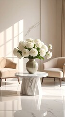Elegant interior with white peonies in a vase, soft light