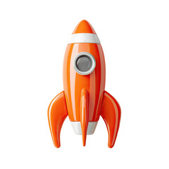 A glossy orange cartoon rocket, front view, features a small circular window and three fins