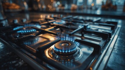 close up of gas stove burner with vibrant blue flames, showcasing energy and warmth of cooking. image captures essence of home cooking and culinary preparation