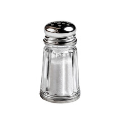 Clear glass salt shaker with a metallic lid, containing white crystalline salt
