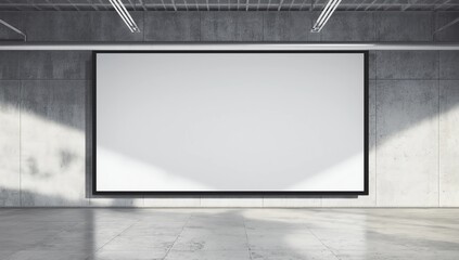 A large rectangular white projection screen mounted on a modern indoor wall with metallic ceiling panels above and tiled flooring below