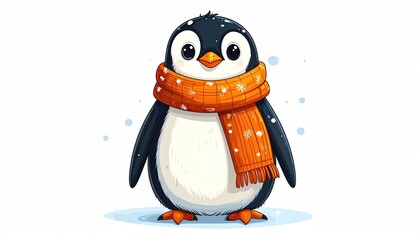 Pixel Art Penguin with Orange Scarf on White Background Illustration