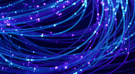 Obraz premium Abstract glowing purple fiber optic strands on dark background