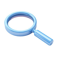 A light-blue, 3D-rendered magnifying glass with a thick, slightly rounded frame and handle, presented at a three-quarter angle