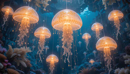 Fototapeta premium Fantasy sea world with floating jellyfish that resemble floating chandeliers made of crystal and jelly light 2