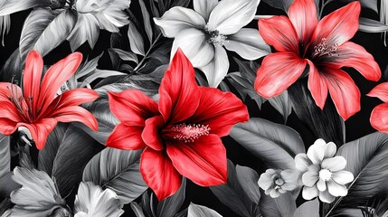 Bold red hibiscus flowers and monochrome tropical leaves pattern design